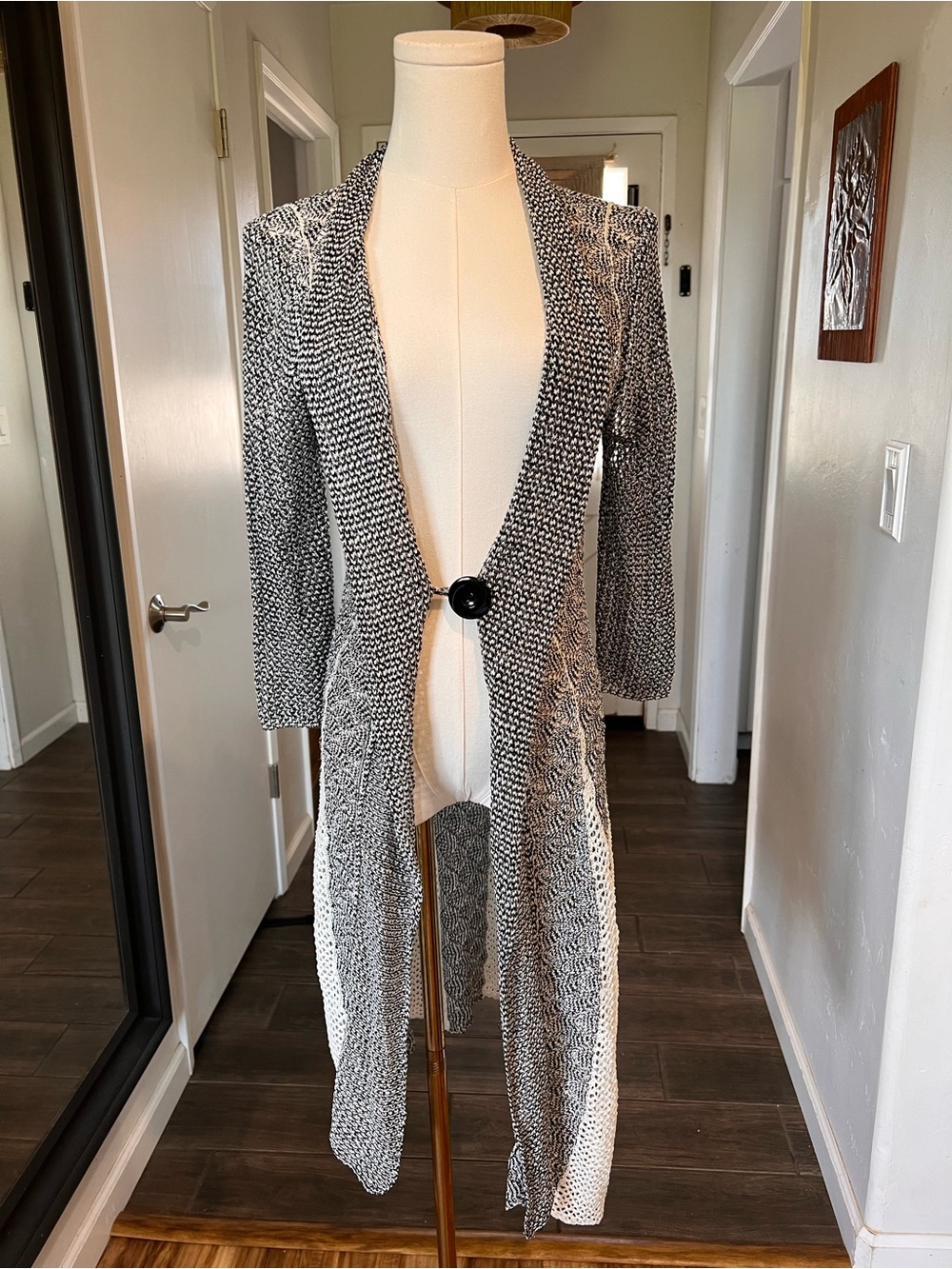 Joseph Ribkoff Shimmer Black and White Long Duster with Single Button